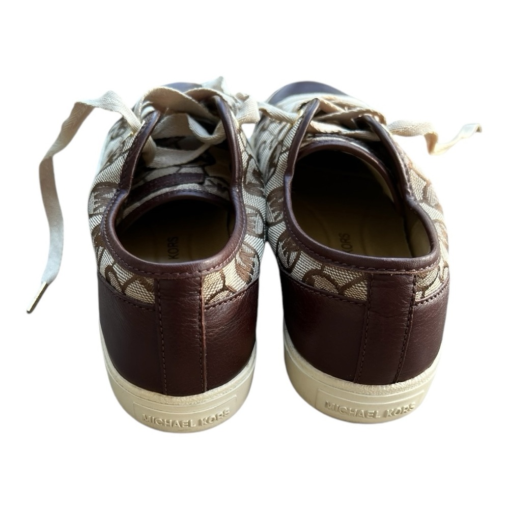 Michael Kors Shoes Brown Leather Tan Canvas Logo Lace Up Sneakers Size 6.5 - Picture 2 of 7